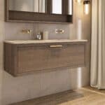 Wandhängendes Badezimmermöbel 120 cm aus dunkler Eiche mit eine Schublade und Beton-beiger Waschtisch (elegant)