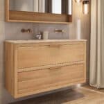 Wandhängendes Badezimmermöbel 120 cm aus Natureiche mit zwei Schubladen und Beton-beiger Waschtisch (elegant)