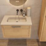 Wandhängendes Badezimmermöbel 70 cm aus Natureiche mit eine Schublade und Beton-beiger Waschtisch (Premium)
