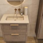Wandhängendes Badezimmermöbel 70 cm aus dunkler Eiche mit zwei Schubladen und Beton-beiger Waschtisch (modern)