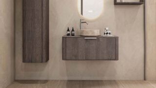 Rundes hängendes Badezimmermöbel 100 cm aus dunkler Eiche mit glatter Front, Eichenholzplatte und beige Marmoroptik-Becken