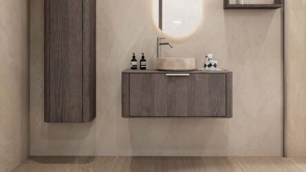 Rundes hängendes Badezimmermöbel 100 cm aus dunkler Eiche mit glatter Front, Eichenholzplatte und beige Marmoroptik-Becken