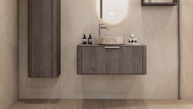 Rundes hängendes Badezimmermöbel 100 cm aus dunkler Eiche mit glatter Front, Eichenholzplatte und beige Marmoroptik-Becken