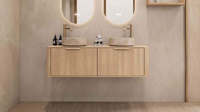 Rundes hängendes Badezimmermöbel 140 cm aus Natureiche mit glatter Front, Eichenholzplatte und beige Marmoroptik-Becken