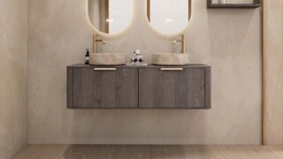 Rundes hängendes Badezimmermöbel 140 cm aus dunkler Eiche mit glatter Front, Eichenholzplatte und beige Marmoroptik-Becken