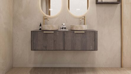 Rundes hängendes Badezimmermöbel 140 cm aus dunkler Eiche mit glatter Front, Eichenholzplatte und beige Marmoroptik-Becken