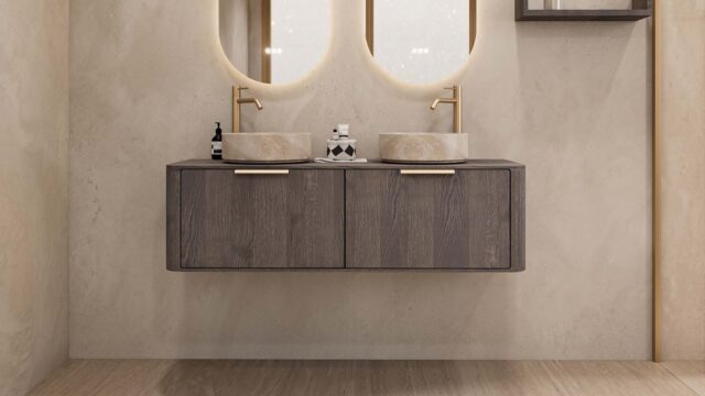 Rundes hängendes Badezimmermöbel 140 cm aus dunkler Eiche mit glatter Front, Eichenholzplatte und beige Marmoroptik-Becken