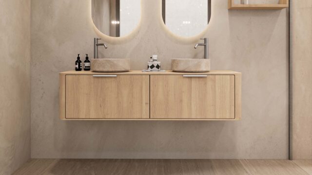 Rundes hängendes Badezimmermöbel 160 cm aus Natureiche mit glatter Front, Eichenholzplatte und beige Marmoroptik-Becken