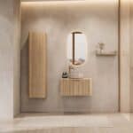 Rundes hängendes Badezimmermöbel 80 cm aus Natureiche mit Riffelfront, Eichenholzplatte und beige Marmoroptik-Becken