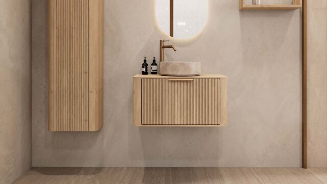 Rundes hängendes Badezimmermöbel 80 cm aus Natureiche mit Riffelfront, Eichenholzplatte und beige Marmoroptik-Becken