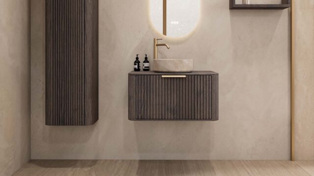 Rundes hängendes Badezimmermöbel 80 cm aus dunkler Eiche mit Riffelfront, Eichenholzplatte und beige Marmoroptik-Becken