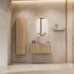 Rundes hängendes Badezimmermöbel 100 cm aus Natureiche mit Riffelfront, Eichenholzplatte und beige Marmoroptik-Becken