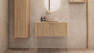 Rundes hängendes Badezimmermöbel 100 cm aus Natureiche mit Riffelfront, Eichenholzplatte und beige Marmoroptik-Becken