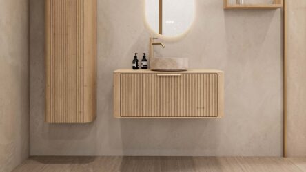 Rundes hängendes Badezimmermöbel 100 cm aus Natureiche mit Riffelfront, Eichenholzplatte und beige Marmoroptik-Becken