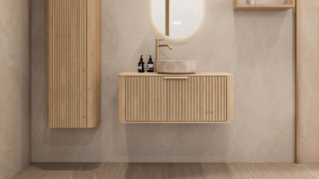 Rundes hängendes Badezimmermöbel 100 cm aus Natureiche mit Riffelfront, Eichenholzplatte und beige Marmoroptik-Becken