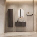 Rundes hängendes Badezimmermöbel 100 cm aus dunkler Eiche mit Riffelfront, Eichenholzplatte und beige Marmoroptik-Becken