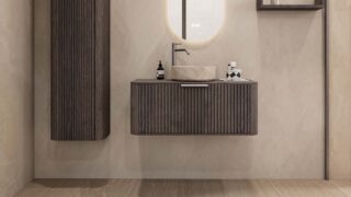 Rundes hängendes Badezimmermöbel 100 cm aus dunkler Eiche mit Riffelfront, Eichenholzplatte und beige Marmoroptik-Becken