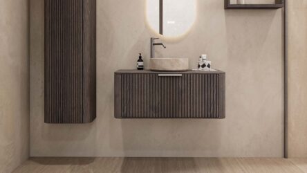 Rundes hängendes Badezimmermöbel 100 cm aus dunkler Eiche mit Riffelfront, Eichenholzplatte und beige Marmoroptik-Becken