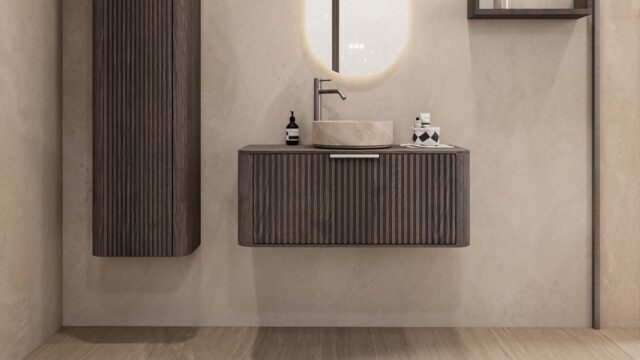Rundes hängendes Badezimmermöbel 100 cm aus dunkler Eiche mit Riffelfront, Eichenholzplatte und beige Marmoroptik-Becken