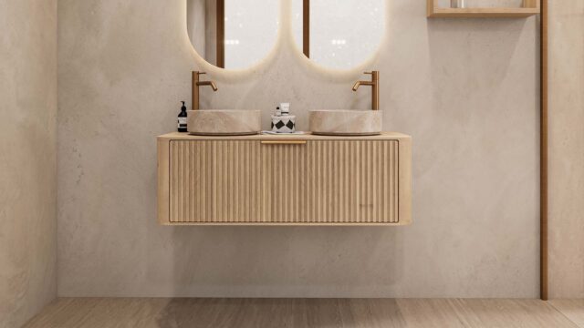 Rundes hängendes Badmöbel 120 cm aus Natureiche mit Riffelfront, Eichenholzplatte und zwei beige Marmoroptik-Becken