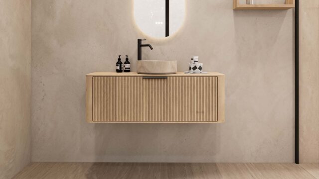 Rundes hängendes Badezimmermöbel 120 cm aus Natureiche mit Riffelfront, Eichenholzplatte und beige Marmoroptik-Becken