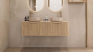 Rundes hängendes Badezimmermöbel 140 cm aus Natureiche mit Riffelfront, Eichenholzplatte und beige Marmoroptik-Becken