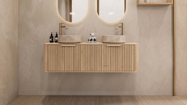 Rundes hängendes Badezimmermöbel 140 cm aus Natureiche mit Riffelfront, Eichenholzplatte und beige Marmoroptik-Becken