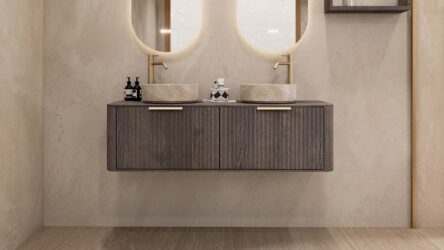 Rundes hängendes Badezimmermöbel 140 cm aus dunkler Eiche mit Riffelfront, Eichenholzplatte und beige Marmoroptik-Becken