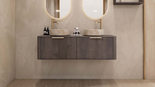 Rundes hängendes Badezimmermöbel 140 cm aus dunkler Eiche mit Riffelfront, Eichenholzplatte und beige Marmoroptik-Becken