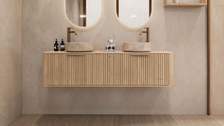 Rundes hängendes Badezimmermöbel 160 cm aus Natureiche mit Riffelfront, Eichenholzplatte und beige Marmoroptik-Becken