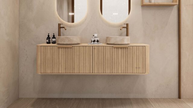 Rundes hängendes Badezimmermöbel 160 cm aus Natureiche mit Riffelfront, Eichenholzplatte und beige Marmoroptik-Becken