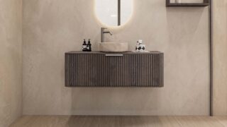 Rundes wandhängendes Badezimmermöbel 120 cm aus dunkler Eiche mit Riffelfront und beige Marmoroptik-Becken