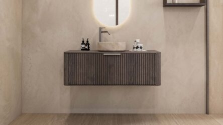 Rundes wandhängendes Badezimmermöbel 120 cm aus dunkler Eiche mit Riffelfront und beige Marmoroptik-Becken