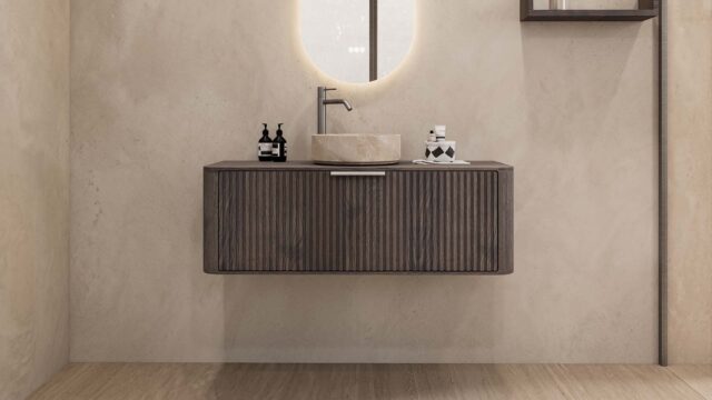 Rundes wandhängendes Badezimmermöbel 120 cm aus dunkler Eiche mit Riffelfront und beige Marmoroptik-Becken