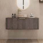 Rundes wandhängendes Badezimmermöbel 120 cm aus dunkler Eiche mit glatter Front und beige Marmoroptik-Becken