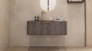 Rundes wandhängendes Badezimmermöbel 120 cm aus dunkler Eiche mit glatter Front und beige Marmoroptik-Becken