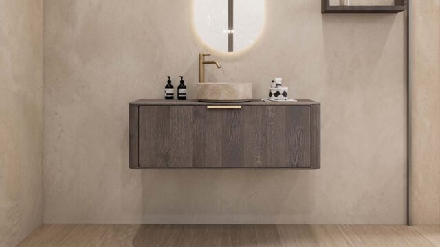 Rundes wandhängendes Badezimmermöbel 120 cm aus dunkler Eiche mit glatter Front und beige Marmoroptik-Becken