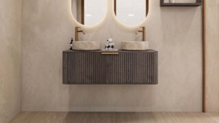 Rundes wandhängendes Badezimmermöbel 120 cm aus dunkler Eiche mit Riffelfront und zwei beige Marmoroptik-Becken