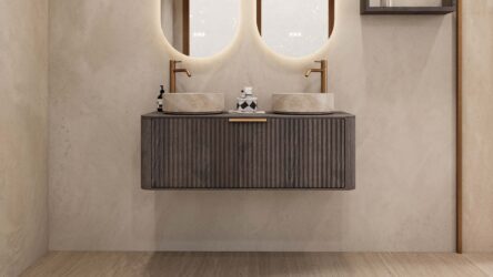 Rundes wandhängendes Badezimmermöbel 120 cm aus dunkler Eiche mit Riffelfront und zwei beige Marmoroptik-Becken