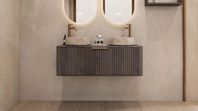 Rundes wandhängendes Badezimmermöbel 120 cm aus dunkler Eiche mit Riffelfront und zwei beige Marmoroptik-Becken