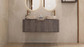 Rundes wandhängendes Badezimmermöbel 120 cm aus dunkler Eiche mit glatter Front und zwei beige Marmoroptik-Becken
