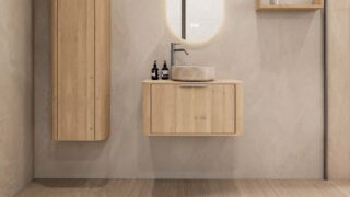 Rundes hängendes Badezimmermöbel 80 cm aus Natureiche mit glatter Front, Eichenholzplatte und beige Marmoroptik-Becken