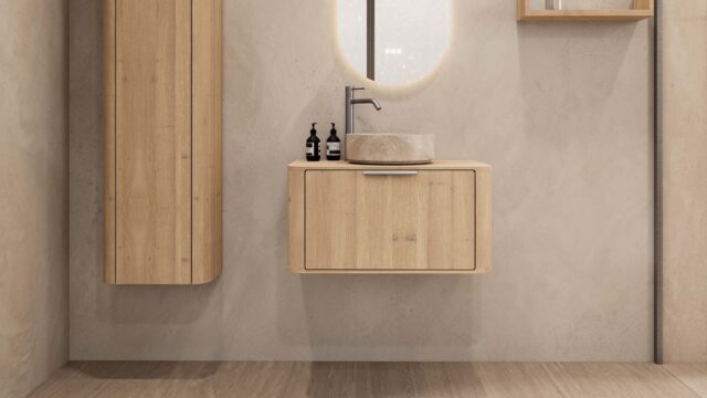 Rundes hängendes Badezimmermöbel 80 cm aus Natureiche mit glatter Front, Eichenholzplatte und beige Marmoroptik-Becken