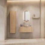 Rundes hängendes Badezimmermöbel 100 cm aus Natureiche mit glatter Front, Eichenholzplatte und beige Marmoroptik-Becken