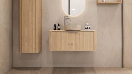 Rundes hängendes Badezimmermöbel 100 cm aus Natureiche mit glatter Front, Eichenholzplatte und beige Marmoroptik-Becken