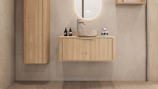 Rundes hängendes Badezimmermöbel 100 cm aus Natureiche mit glatter Front, Eichenholzplatte und beige Marmoroptik-Becken