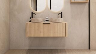 Rundes hängendes Badmöbel 120 cm aus Natureiche mit glatter Front, Eichenholzplatte und zwei beige Marmoroptik-Becken