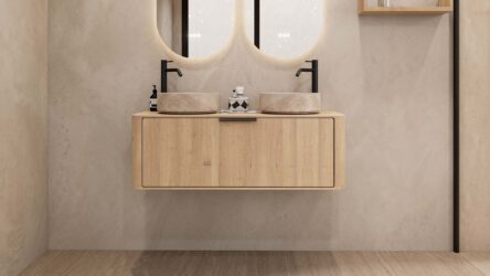 Rundes hängendes Badmöbel 120 cm aus Natureiche mit glatter Front, Eichenholzplatte und zwei beige Marmoroptik-Becken
