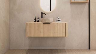 Rundes hängendes Badezimmermöbel 120 cm aus Natureiche mit glatter Front, Eichenholzplatte und beige Marmoroptik-Becken