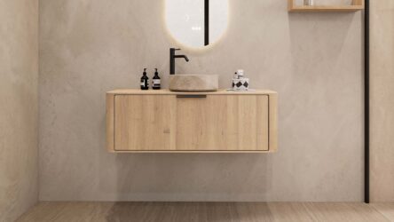 Rundes hängendes Badezimmermöbel 120 cm aus Natureiche mit glatter Front, Eichenholzplatte und beige Marmoroptik-Becken